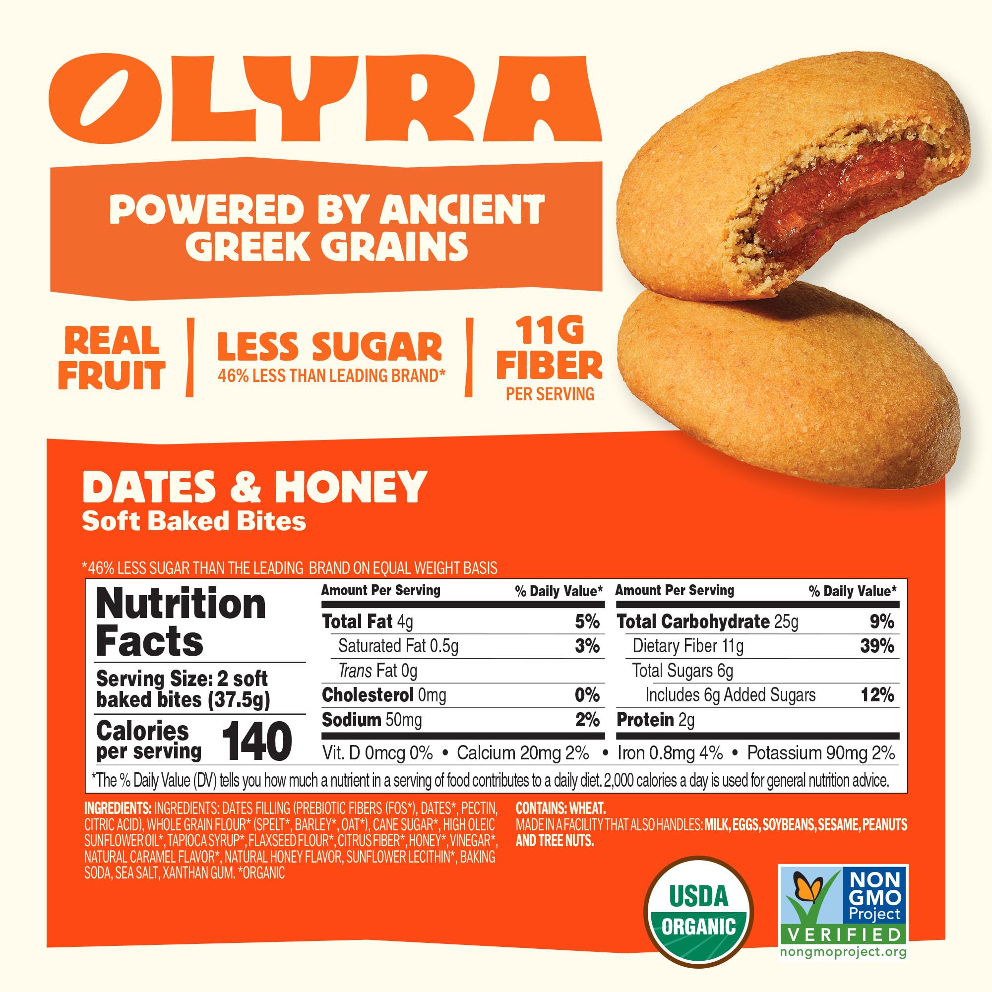Olyra biscuits close-up honey filled center and dates visible.