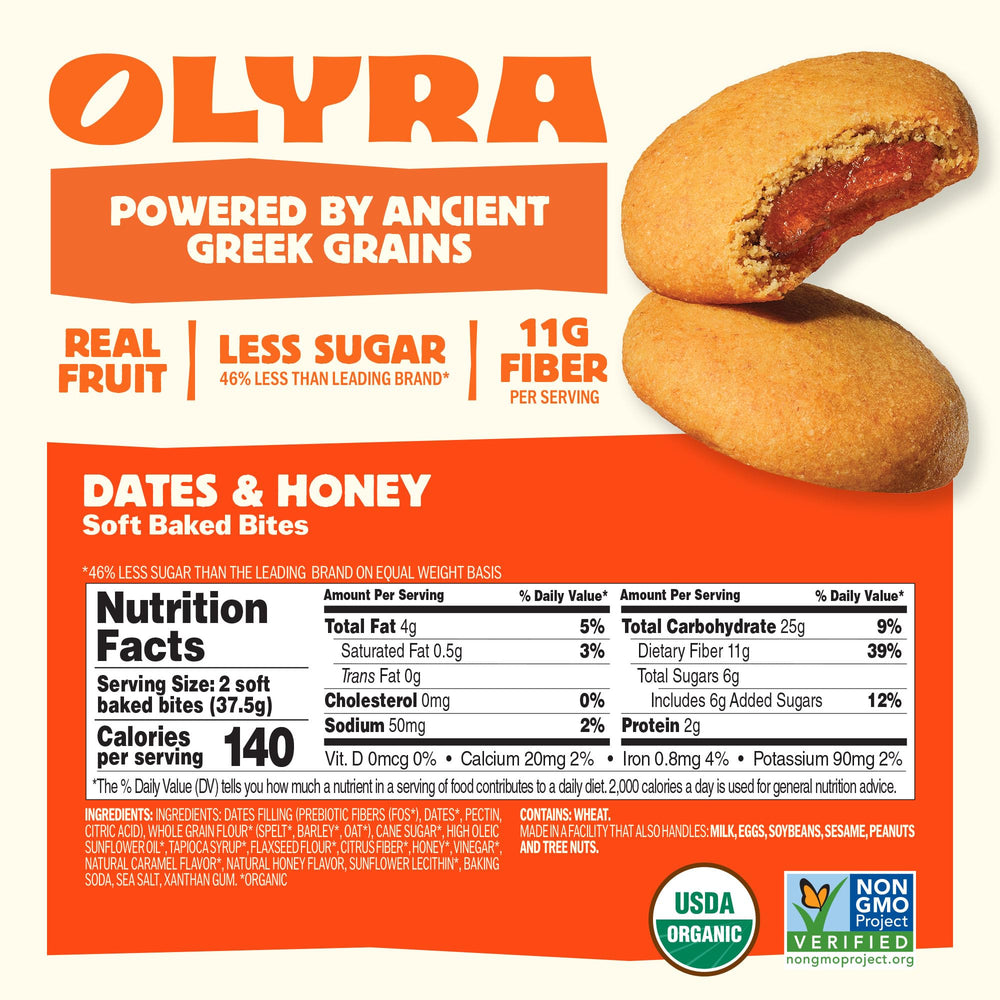 Olyra biscuits close-up honey filled center and dates visible.
