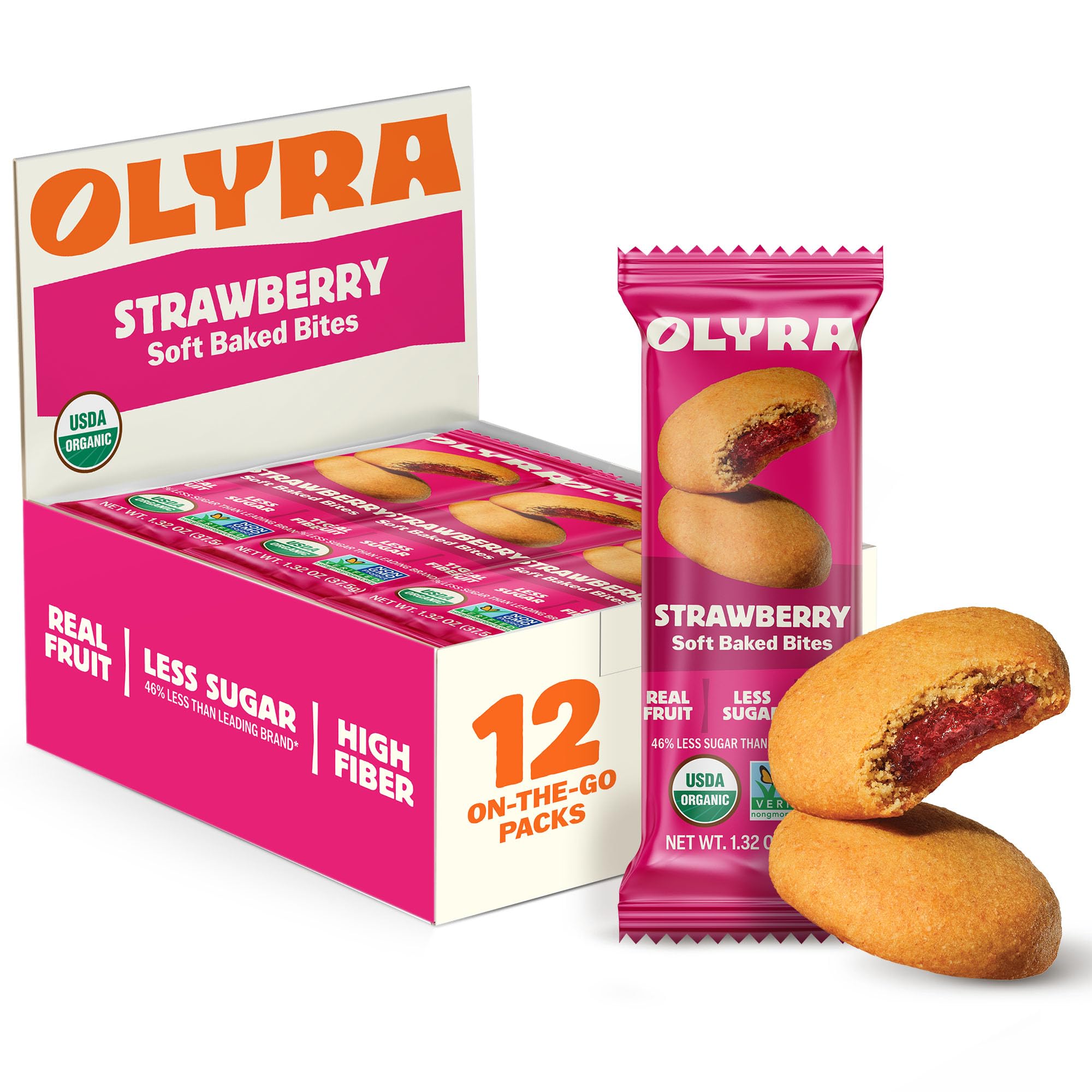 Olyra strawberry soft baked bar front view shows chewy texture and strawberry aroma.