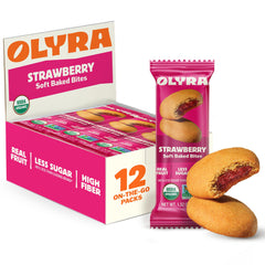Olyra strawberry soft baked bar front view shows chewy texture and strawberry aroma.