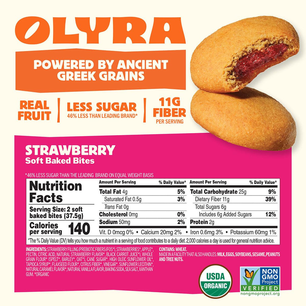 Olyra strawberry soft baked bar pack of 12 highlights convenient on-the-go snacking.