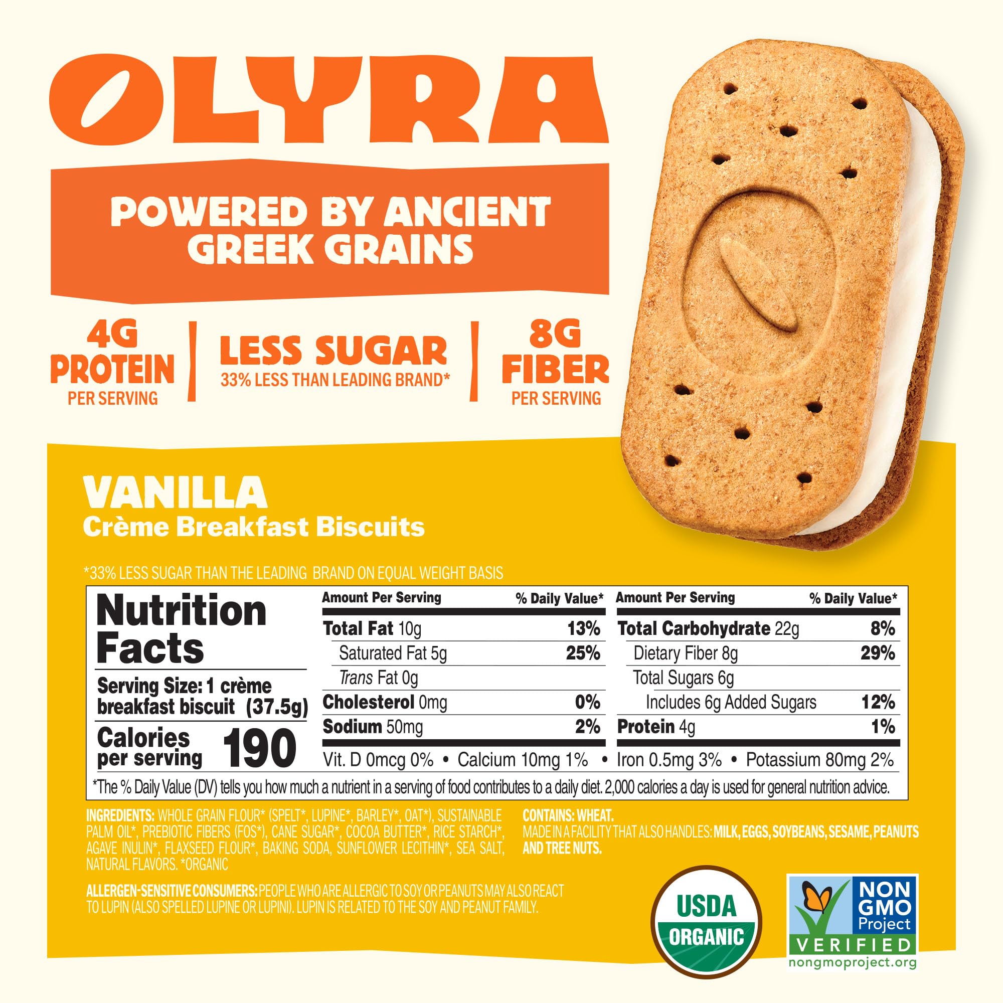 Close-up of Olyra biscuit texture, highlighting vanilla flavor and plant-based protein.