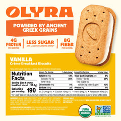 Close-up of Olyra biscuit texture, highlighting vanilla flavor and plant-based protein.