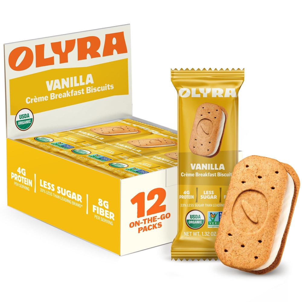 Olyra Vanilla Sandwich Biscuit pack on a breakfast table for a quick, wholesome morning.