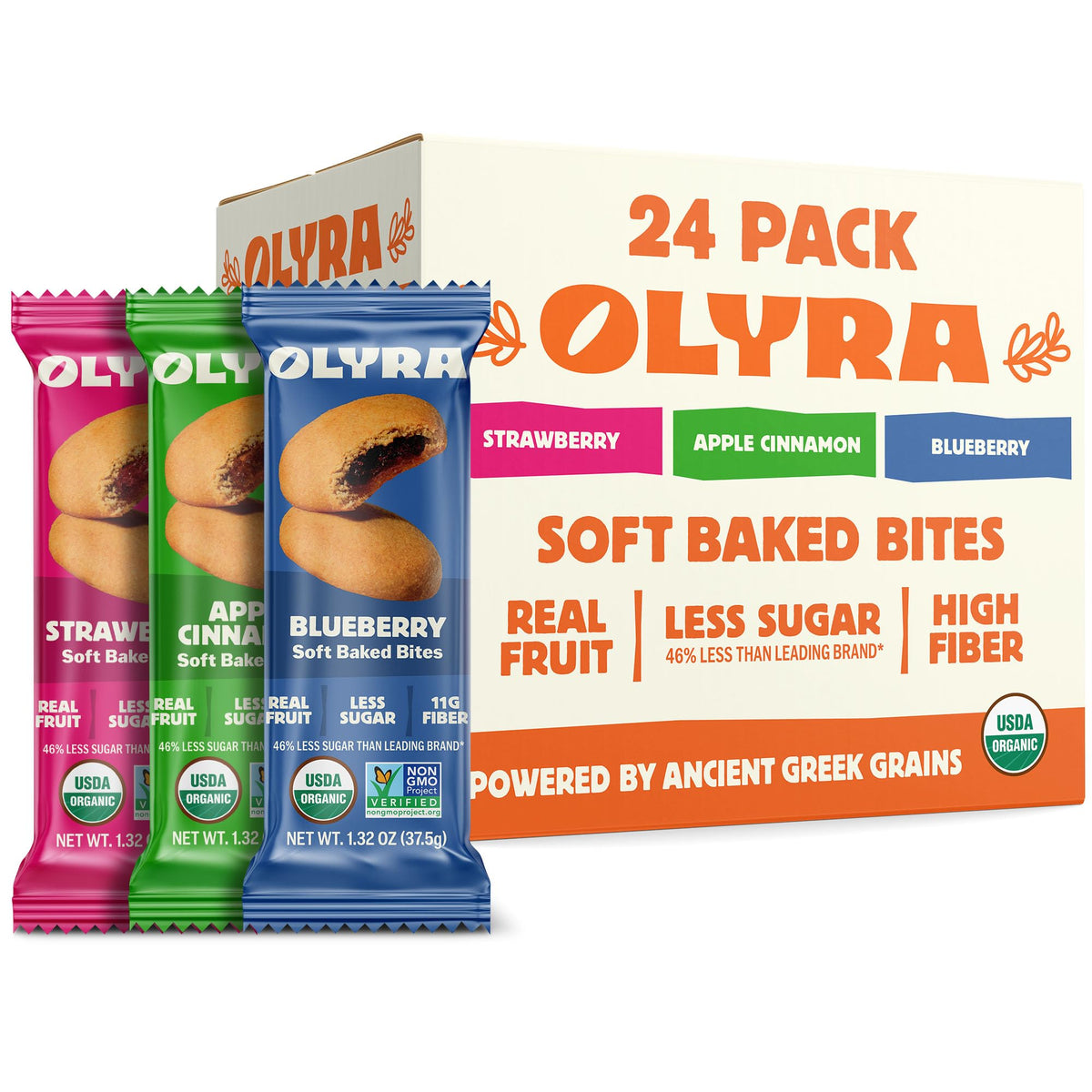 Olyra Variety Pack Fruit Bars packaging showing organic, high-fiber snack option for adults and kids.