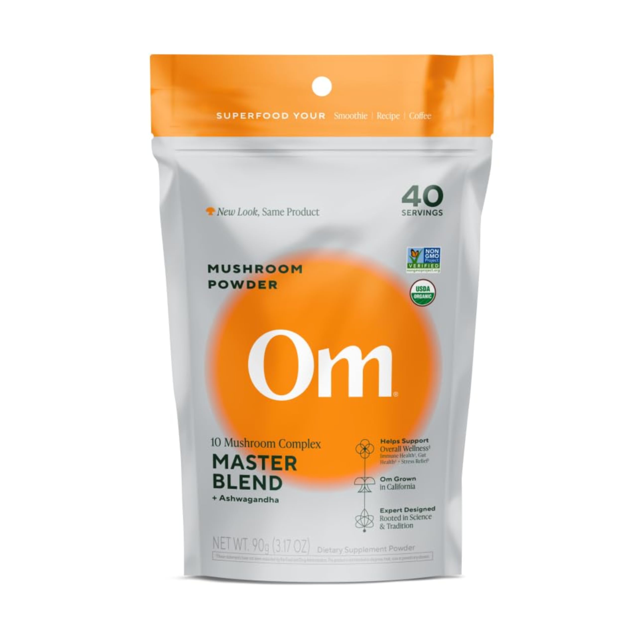 Om Master Blend bottle closeup highlighting immune-support formula.
