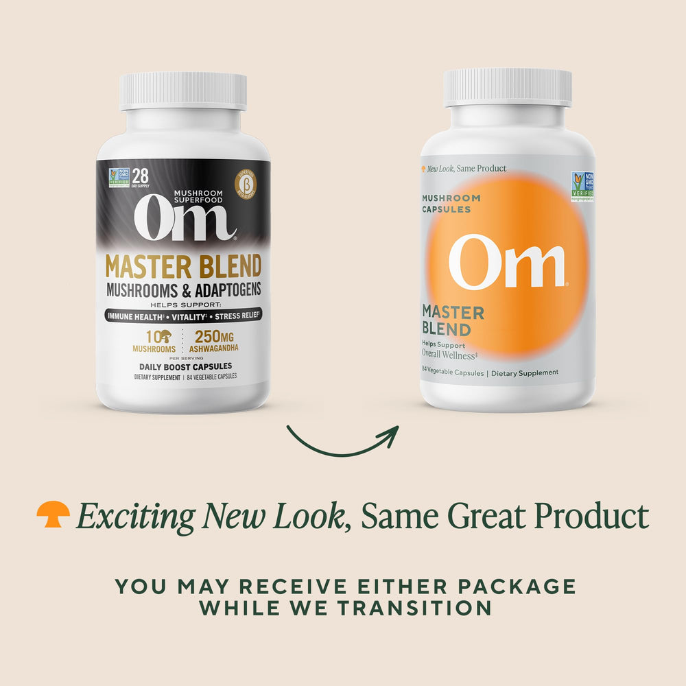 OM Master Blend ingredients panel detailing ten mushrooms and beta-glucans.