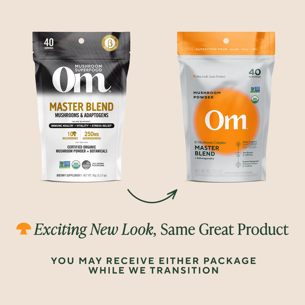 USDA Organic and third-party tested label on Om Master Blend.