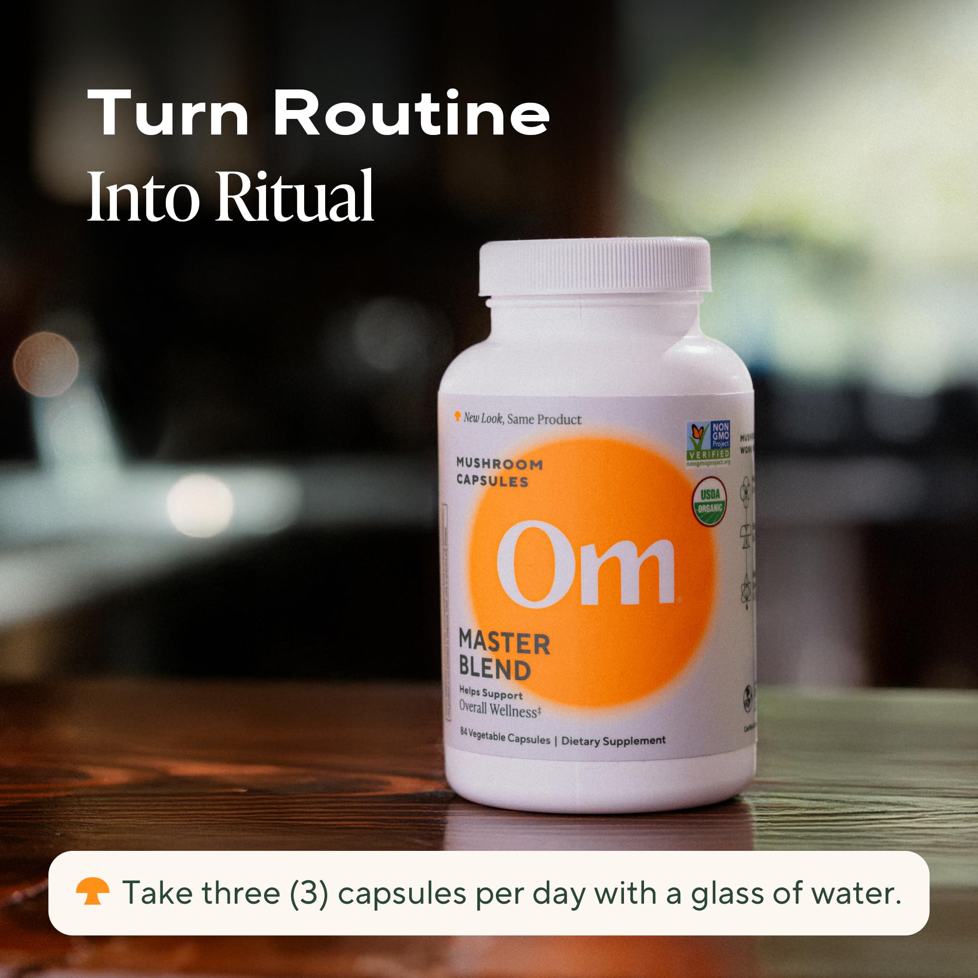 OM Master Blend packaging box on display highlighting organic formula.