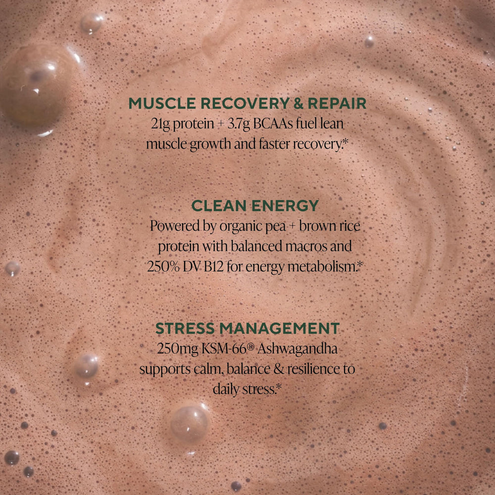 Pouring chocolate protein shake with OM Mushroom Master Blend post-workout