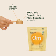 OM MUSHROOM SUPERFOOD Lion's Mane label closeup with clean ingredients and dosage details.
