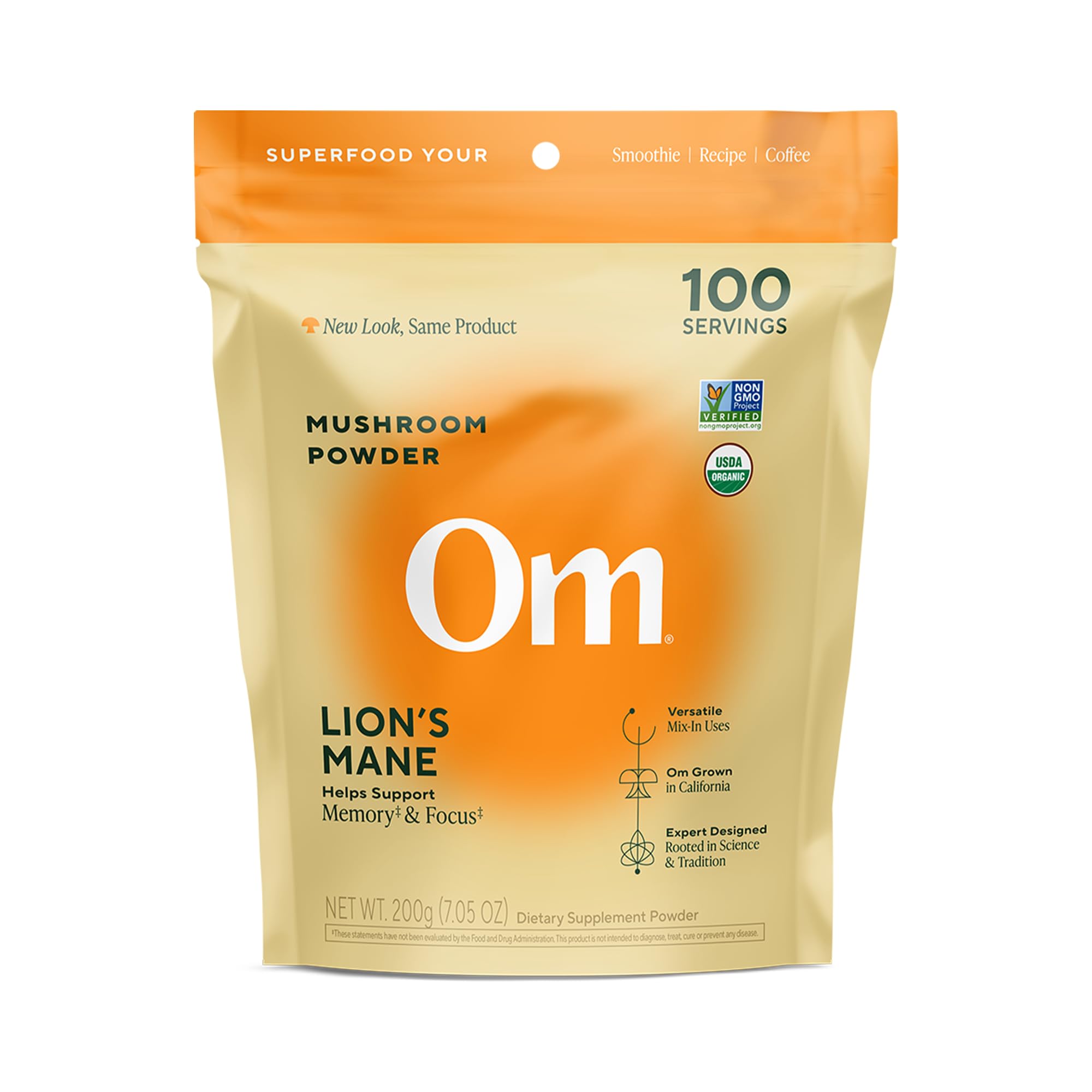 OM MUSHROOM SUPERFOOD Lion’s Mane powder front label for organic brain support.