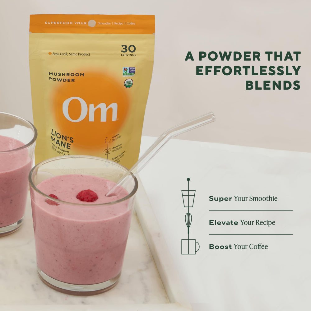 OM MUSHROOM SUPERFOOD Lion's Mane powder in water demonstrates solubility and quick mixing.