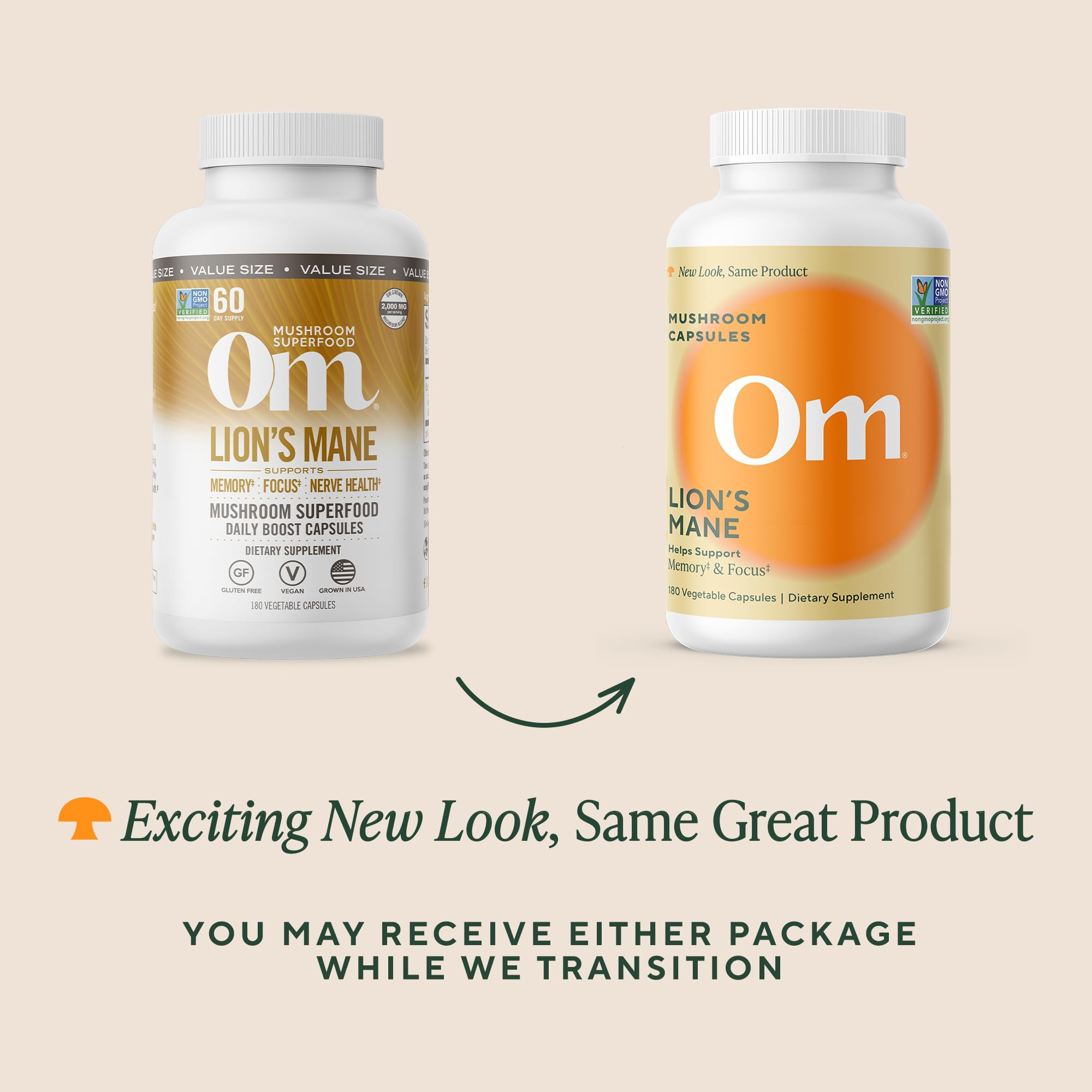 Use-at-desk scene with Om Lion’s Mane suggesting a focus-friendly routine.