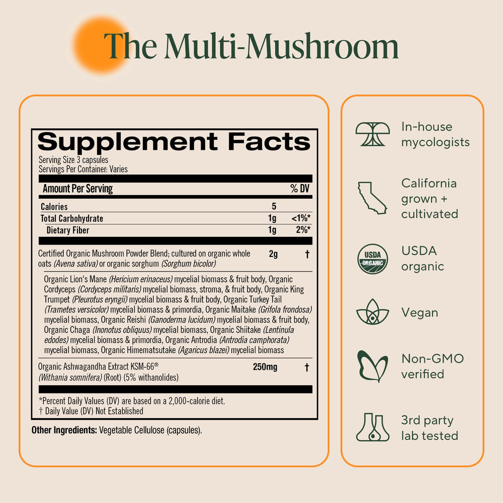 OM Mushroom Master Blend ashwagandha component visual hints at stress support.