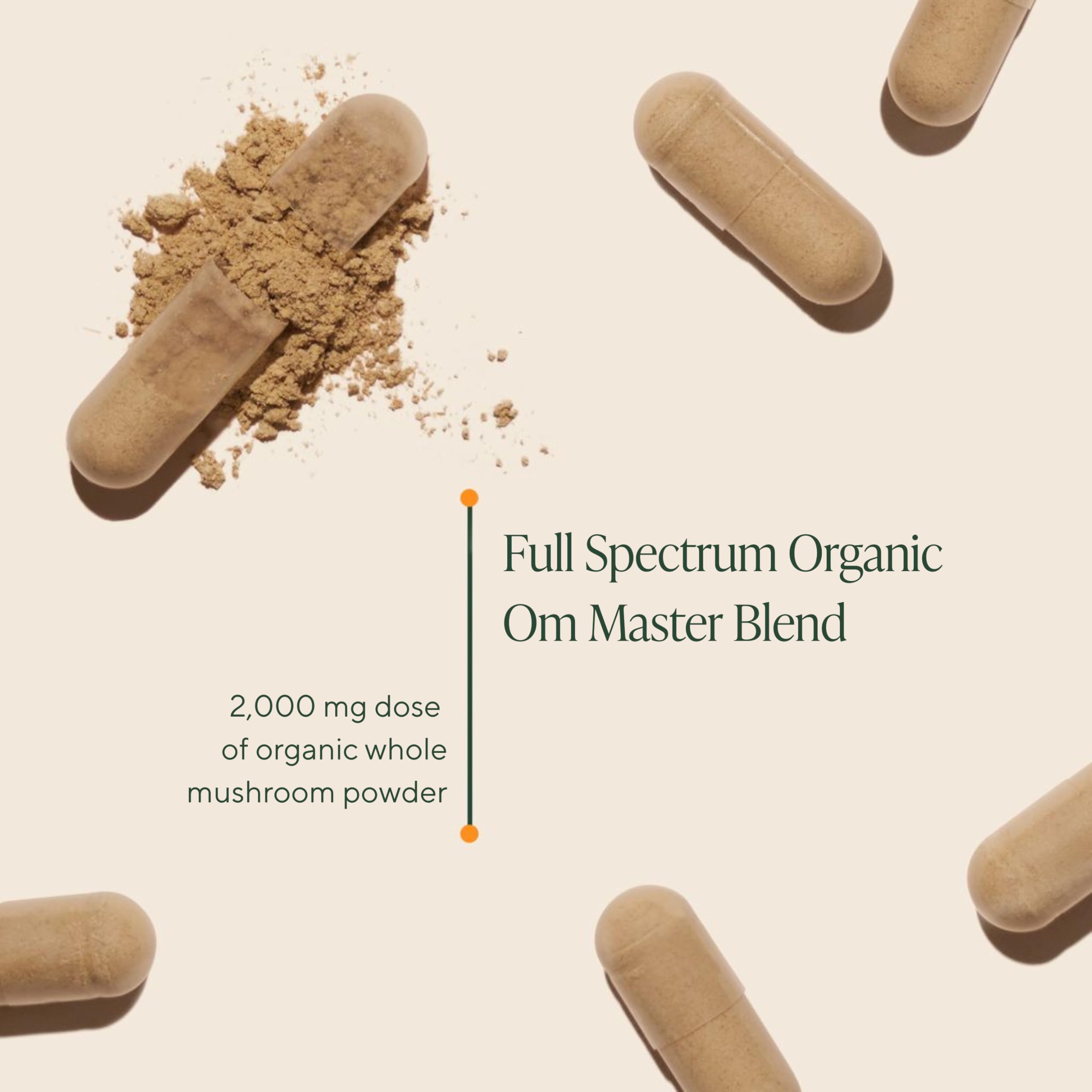 OM Mushroom Master Blend bottle back label lists ingredients and servings.