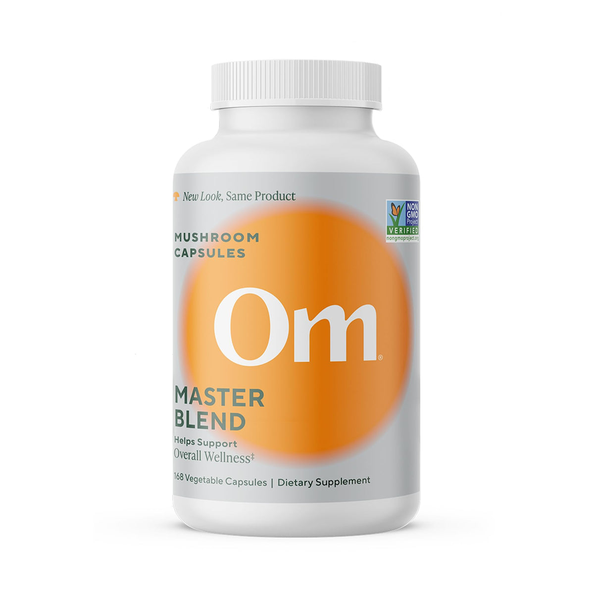 OM Mushroom Master Blend bottle front highlighting daily immune and gut support.