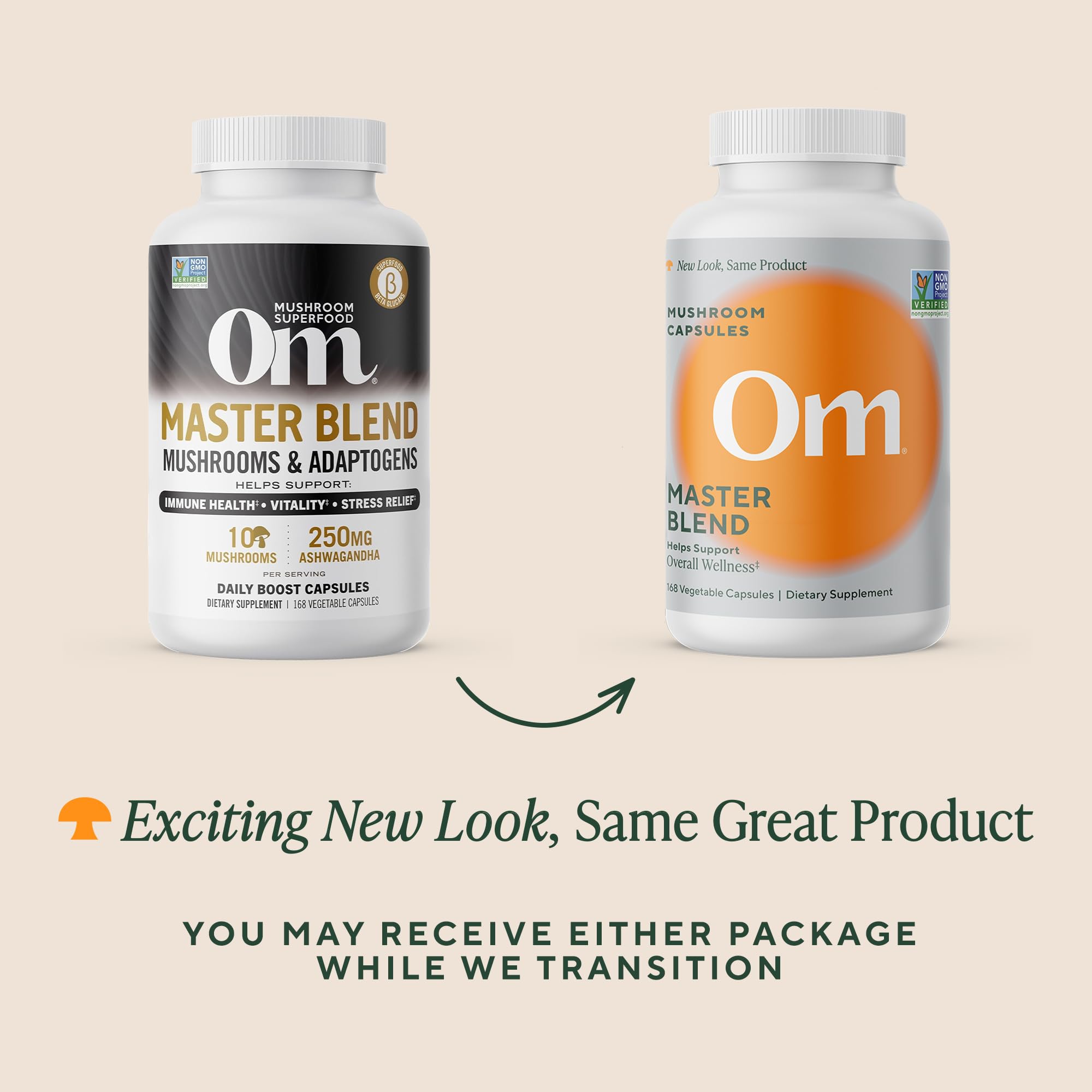 OM Mushroom Master Blend dosage shot emphasizes 2000 mg per serving.