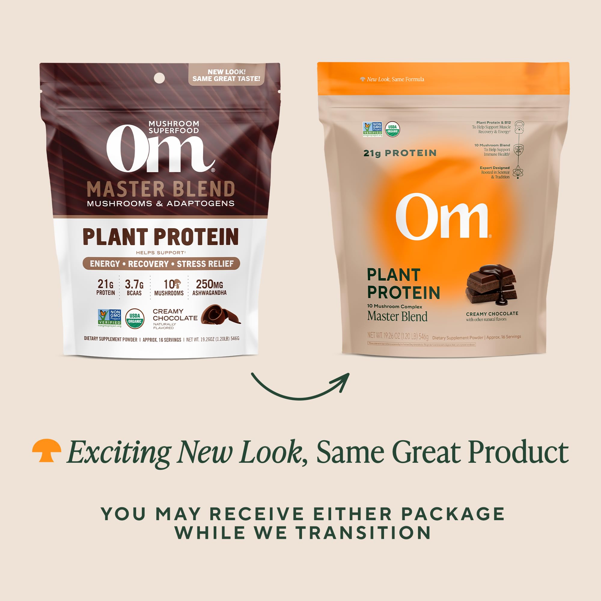 Ingredient list highlights mushroom blend and ashwagandha in OM product