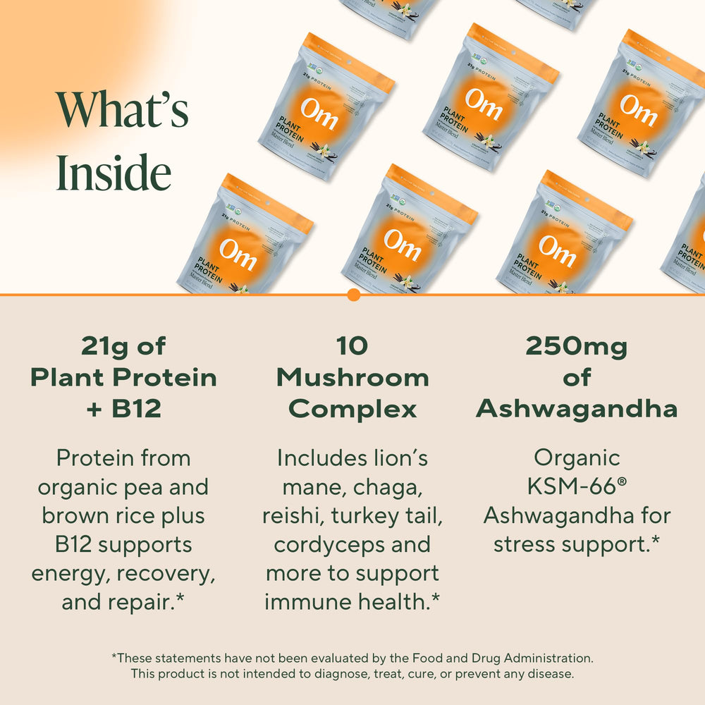 OM Mushroom Master Blend Vanilla bag front emphasizes organic, mushroom-rich protein powder.