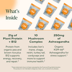 OM Mushroom Master Blend Vanilla bag front emphasizes organic, mushroom-rich protein powder.