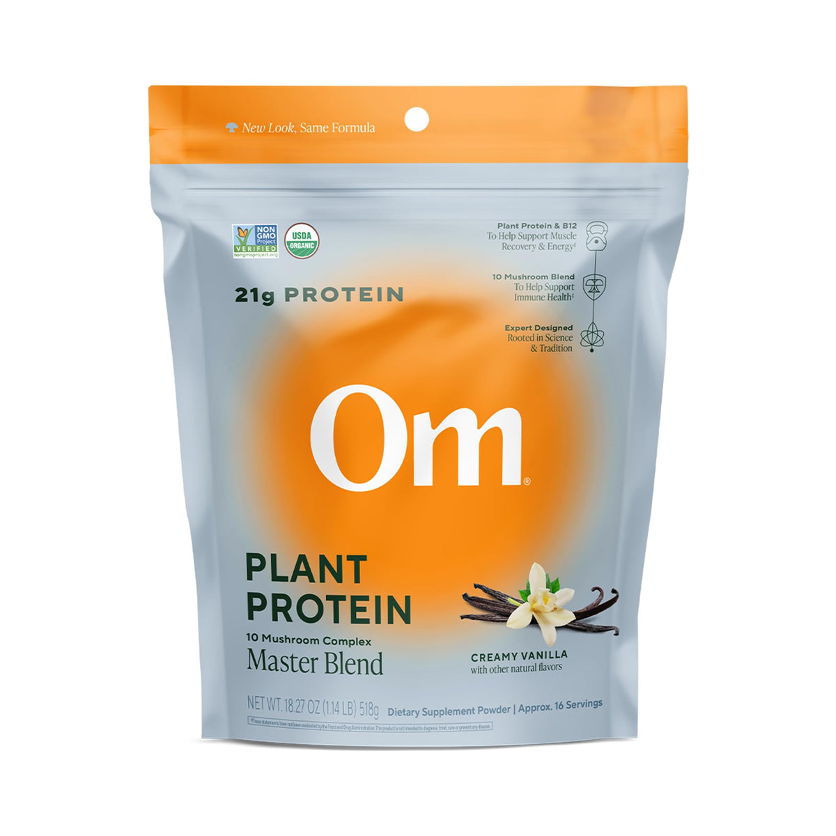 OM Mushroom Master Blend Vanilla bottle pour demonstrates convenient daily protein for energy support.