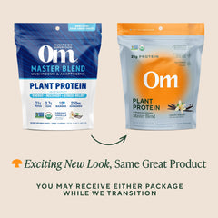 OM Mushroom Master Blend Vanilla serving scoop ready for quick smoothie boosts.