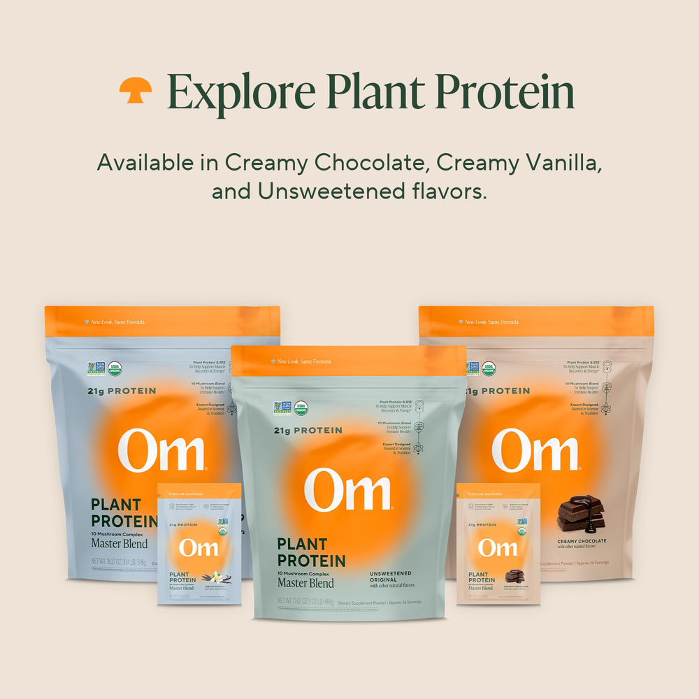 OM Mushroom Master Blend Vanilla stir in cup demonstrates versatile use in smoothies or baking.