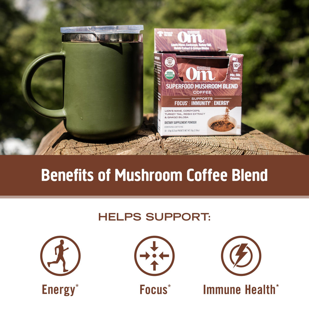 OM Mushroom Superfood canister with 30 servings supports daily routines
