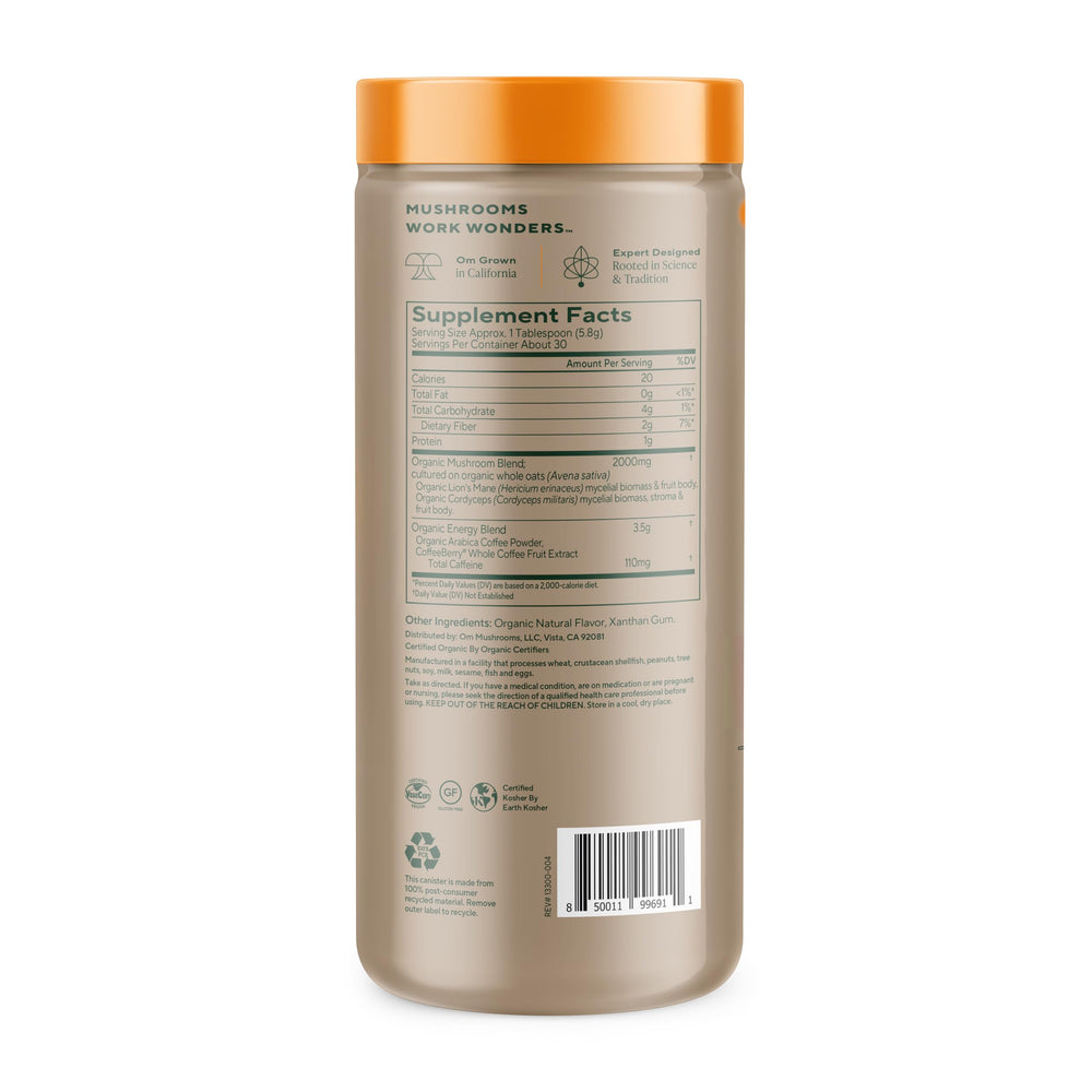 OM Mushroom Superfood Instant Coffee cup steaming conveys a focus-friendly morning ritual