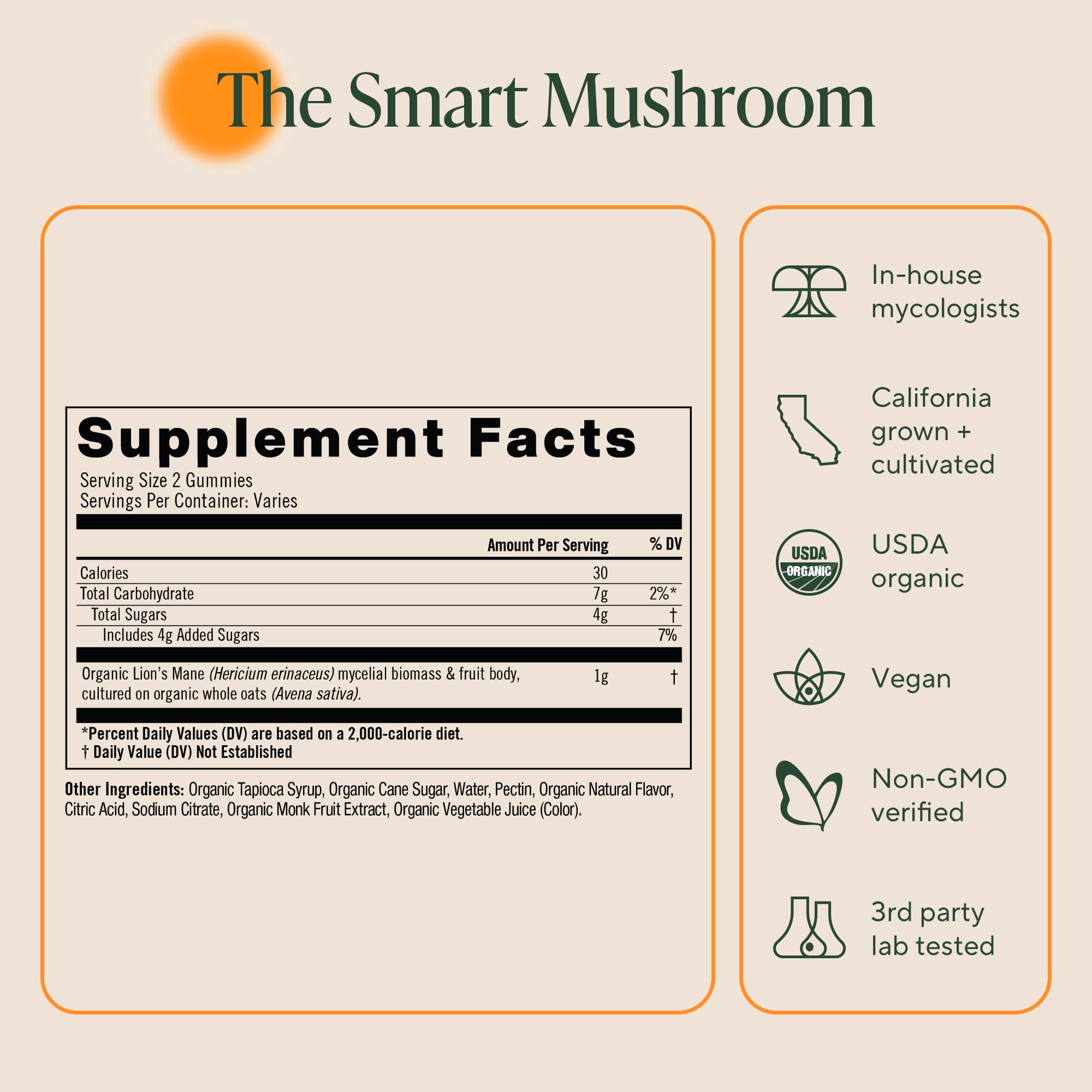 In hand view of OM Mushroom Superfood Lions Mane Gummies showing size