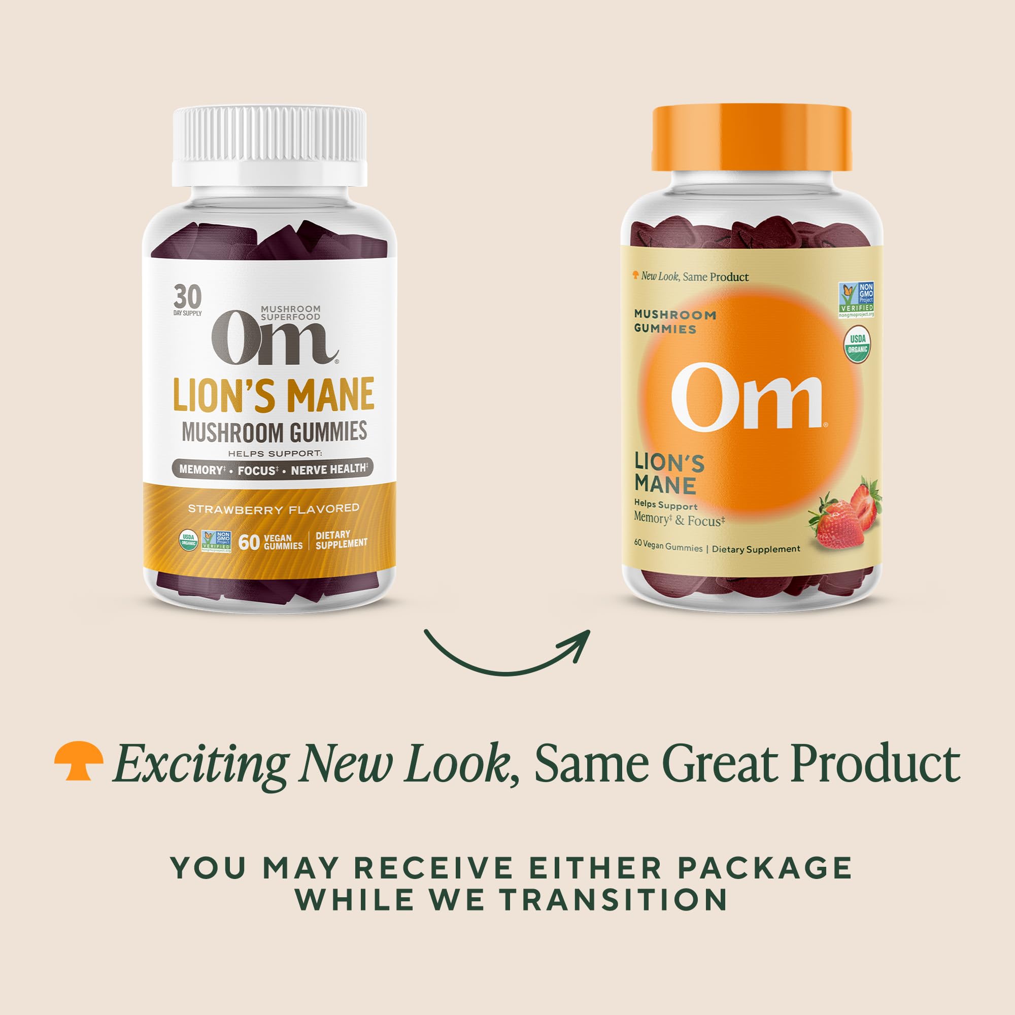 Ingredients panel of OM Mushroom Superfood Lions Mane Gummies emphasizing organic biomass