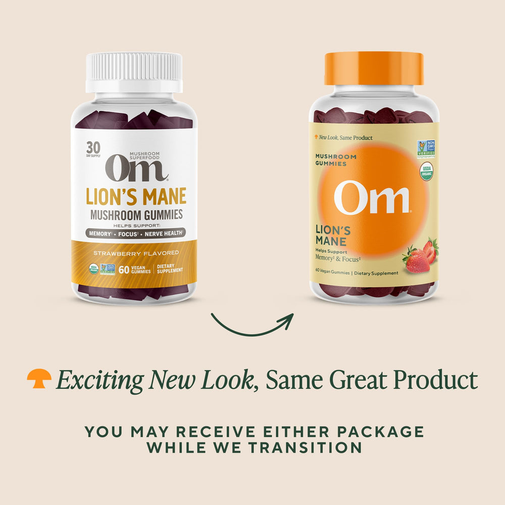 Ingredients panel of OM Mushroom Superfood Lions Mane Gummies emphasizing organic biomass