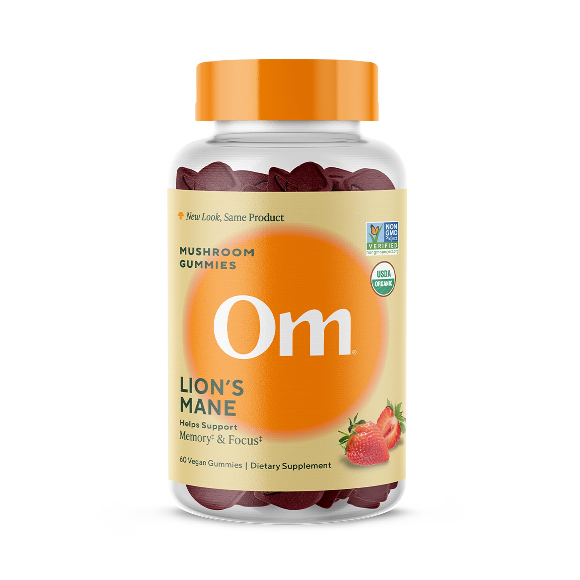 OM Mushroom Superfood Lions Mane Gummies jar shows strawberry flavor and focus support