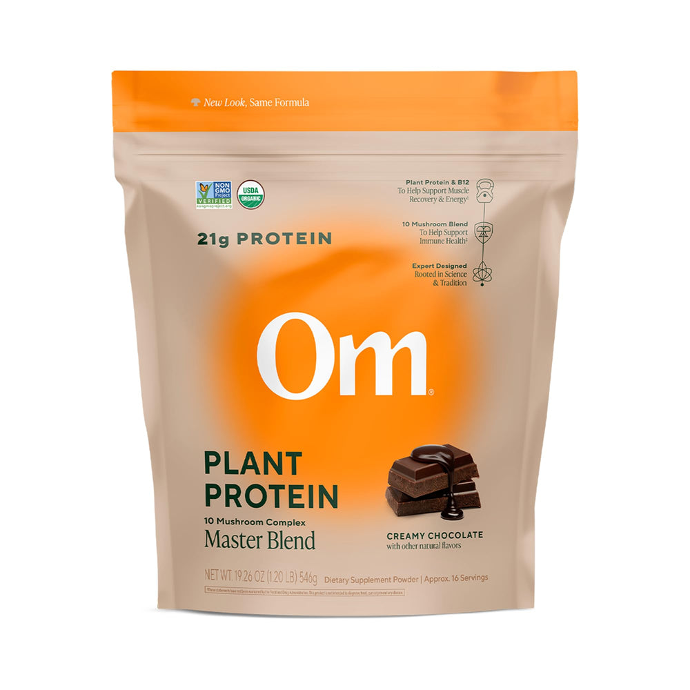 OM Mushroom Master Blend chocolate protein bottle ready for daily energy