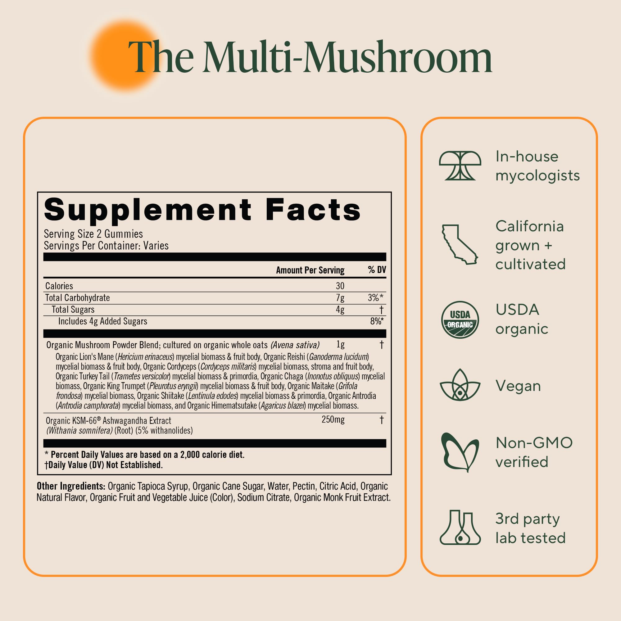 OM Mushroom Superfood Master Blend Gummies ingredients panel highlights organic mushrooms