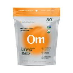 OM Mushrooms Master Blend powder in a resealable bag for immune support