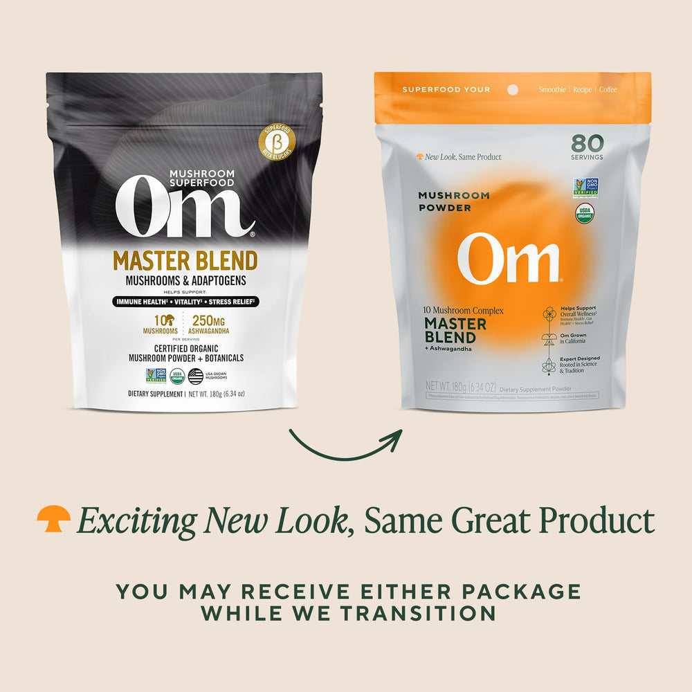 OM Mushrooms Master Blend powder poured into cup for digestion support