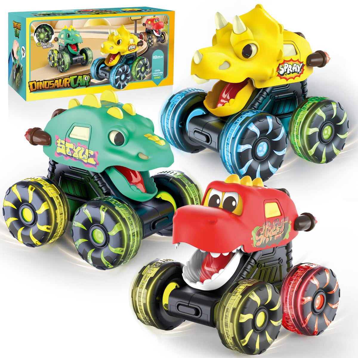 OMAKCOO dinosaur monster truck with LED wheels for engaging nighttime play.