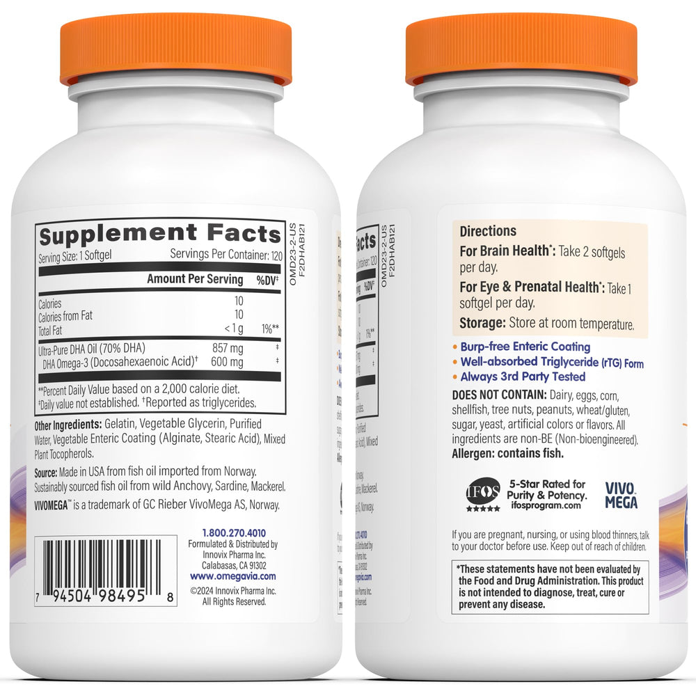 Bottle label emphasizing 600 mg DHA per serving