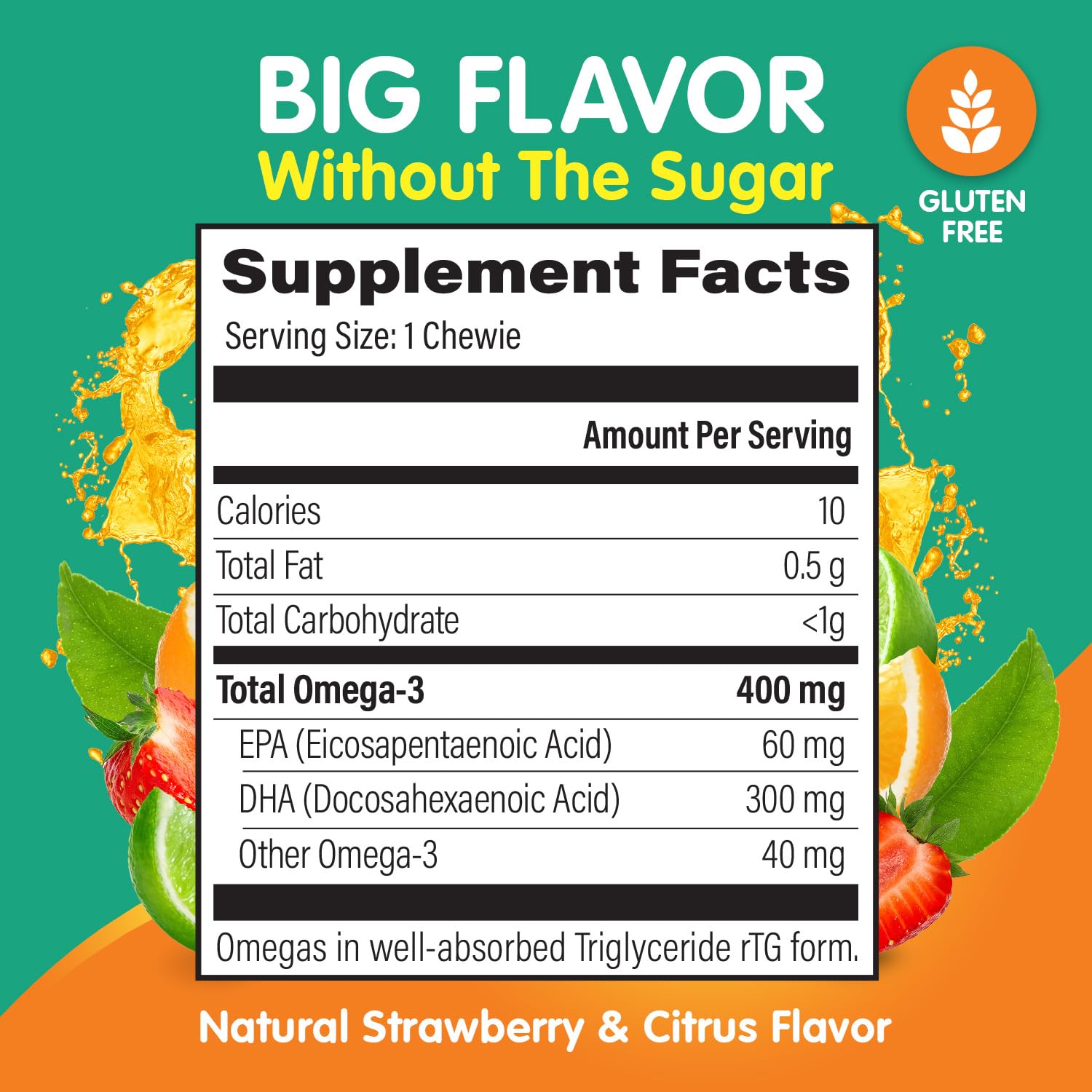 OmegaVia Kids Omega 3 Chewies fruit flavor, sugar-free option with strawberry citrus notes