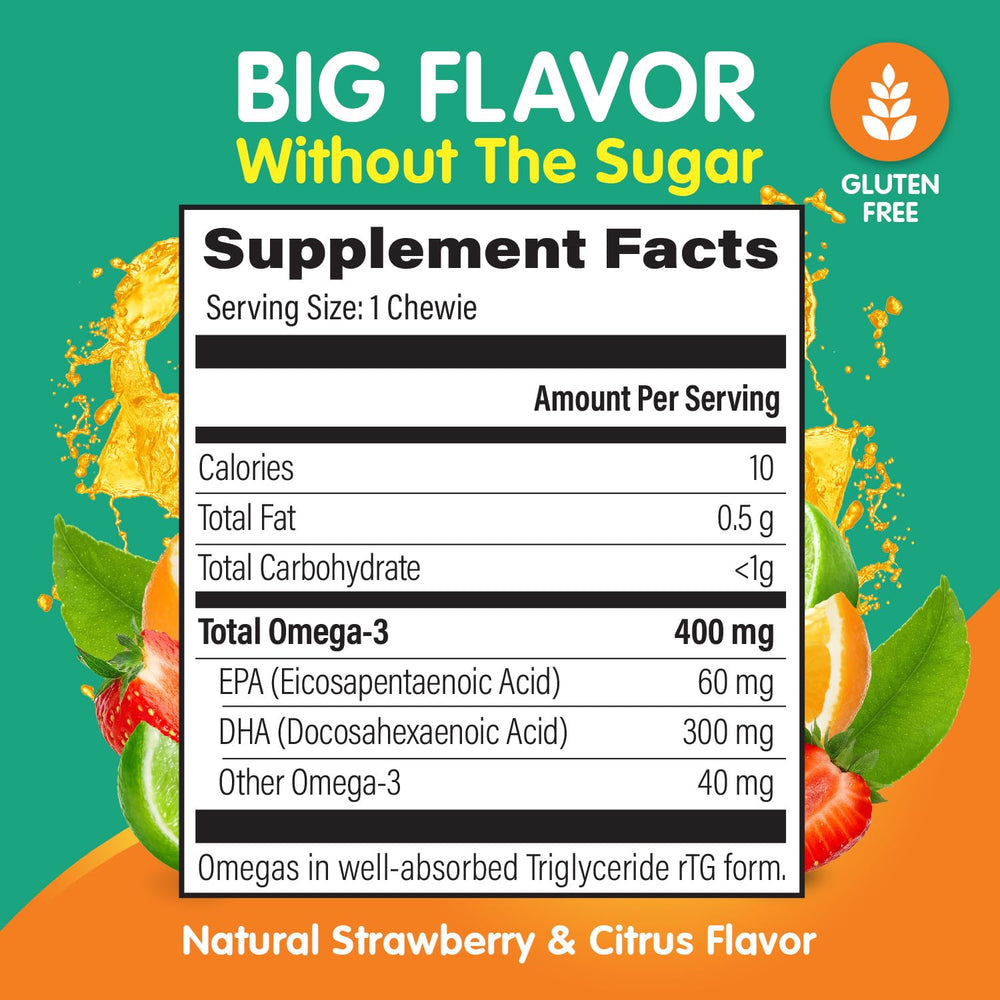 OmegaVia Kids Omega 3 Chewies fruit flavor, sugar-free option with strawberry citrus notes