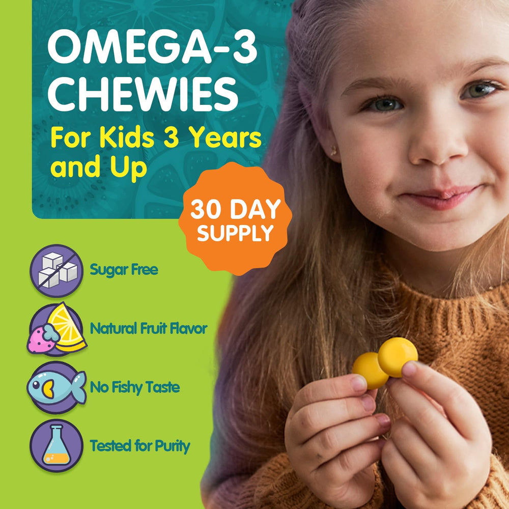 OmegaVia Kids Omega 3 Chewies naturally fruity flavor, bite-sized chews for lunch boxes