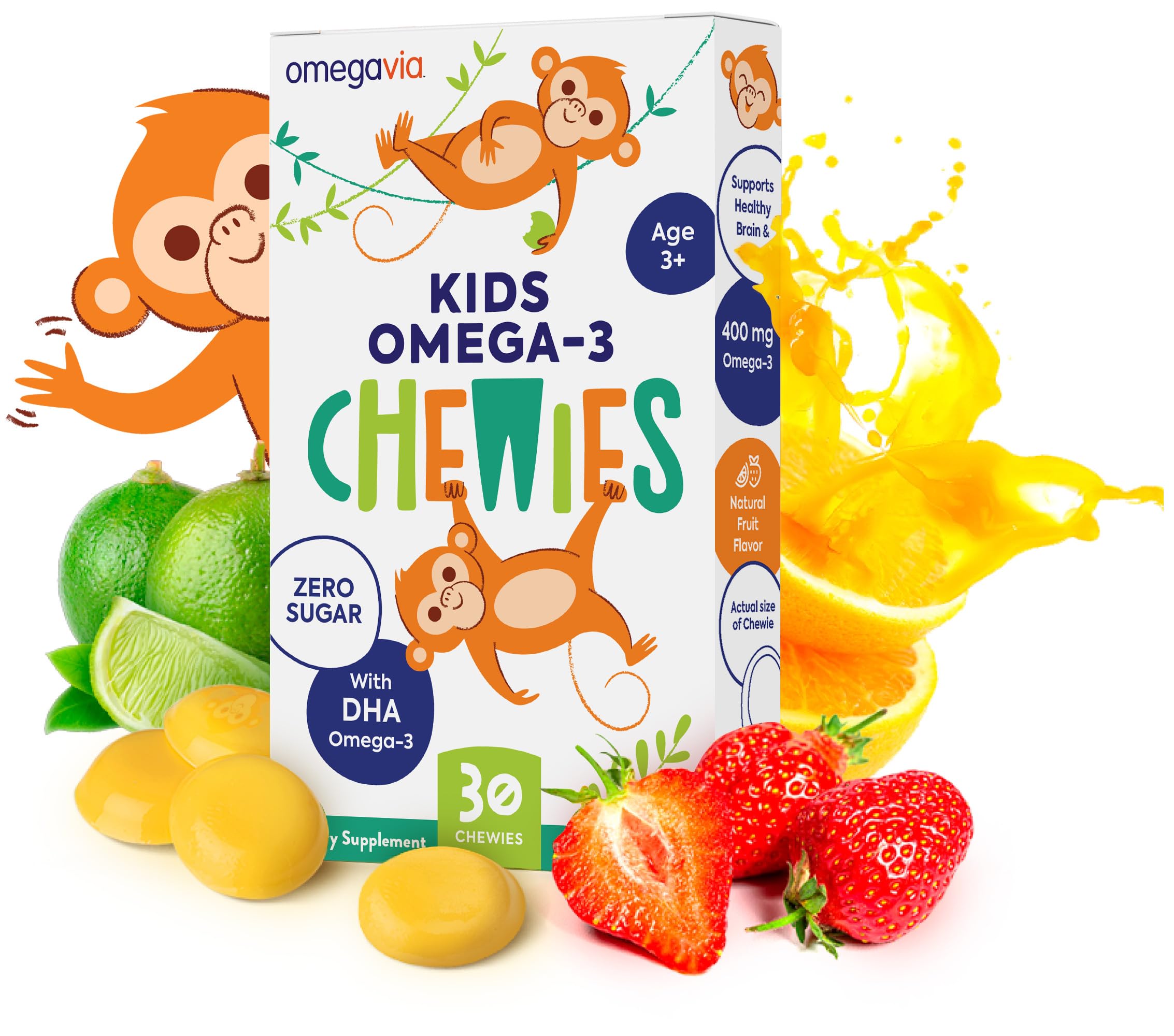 OmegaVia Kids Omega 3 Chewies pack, kid-friendly omega-3 supplement for daily use