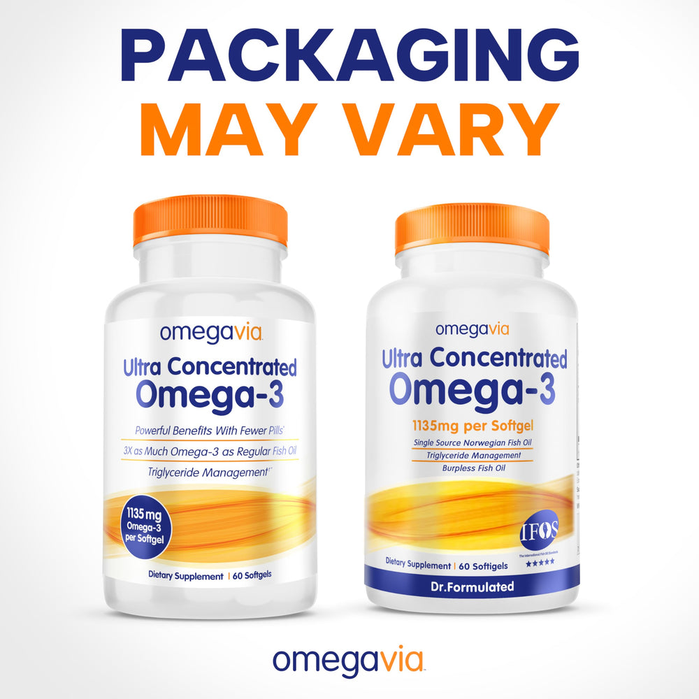 OmegaVia bottle label shows omega-3 content and usage guidance