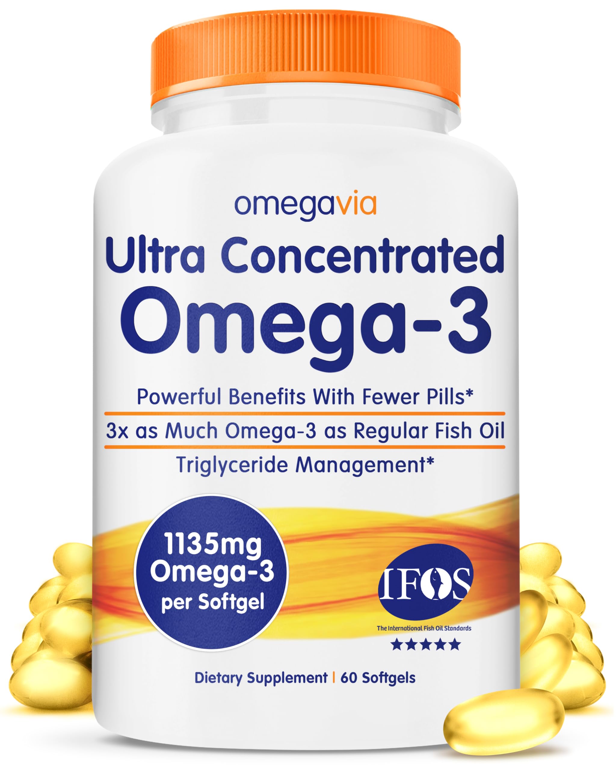 OmegaVia Ultra Concentrated Omega-3 bottle shows enteric coating for burpless use