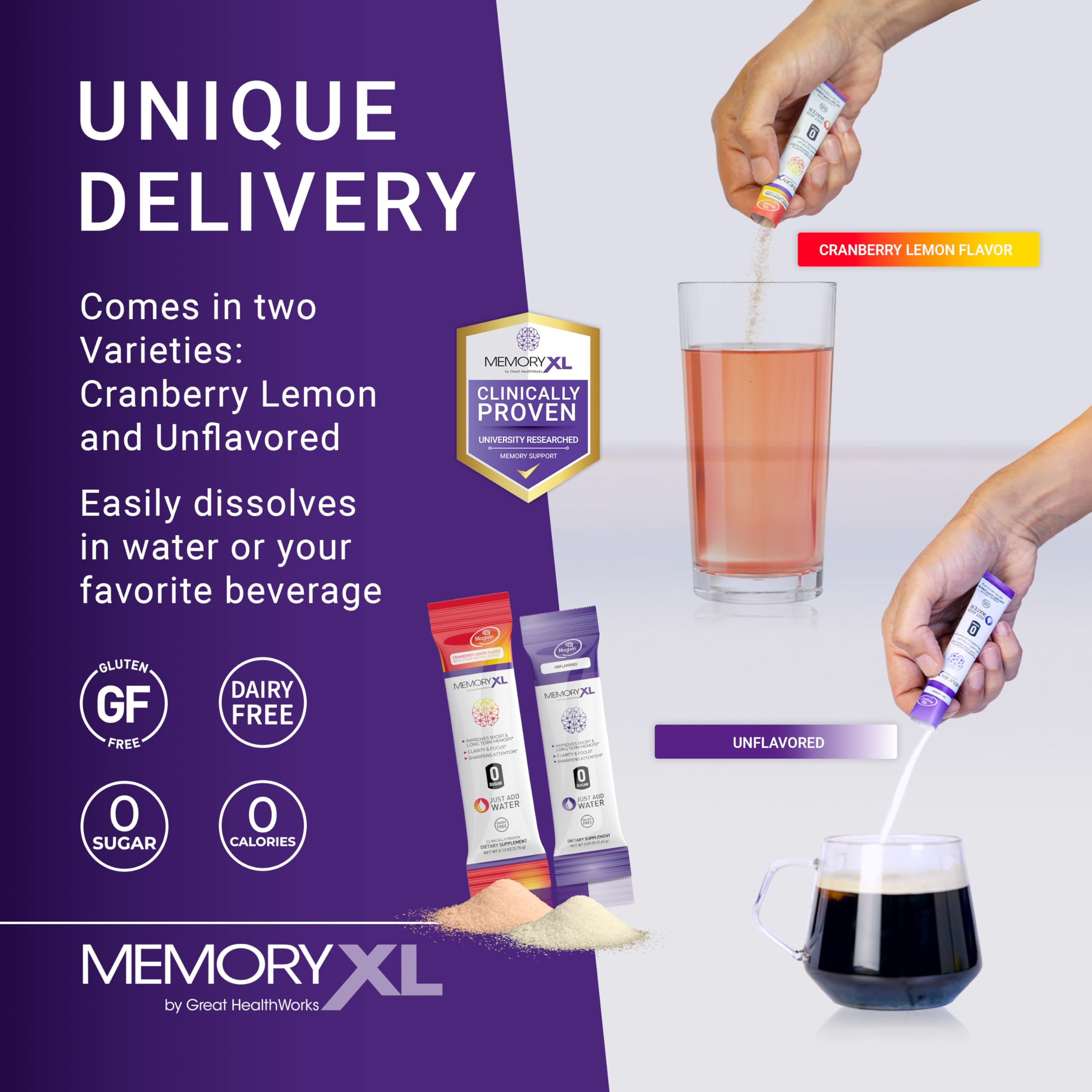OmegaXL MemoryXL dissolving in water creates a sugar-free brain boost.