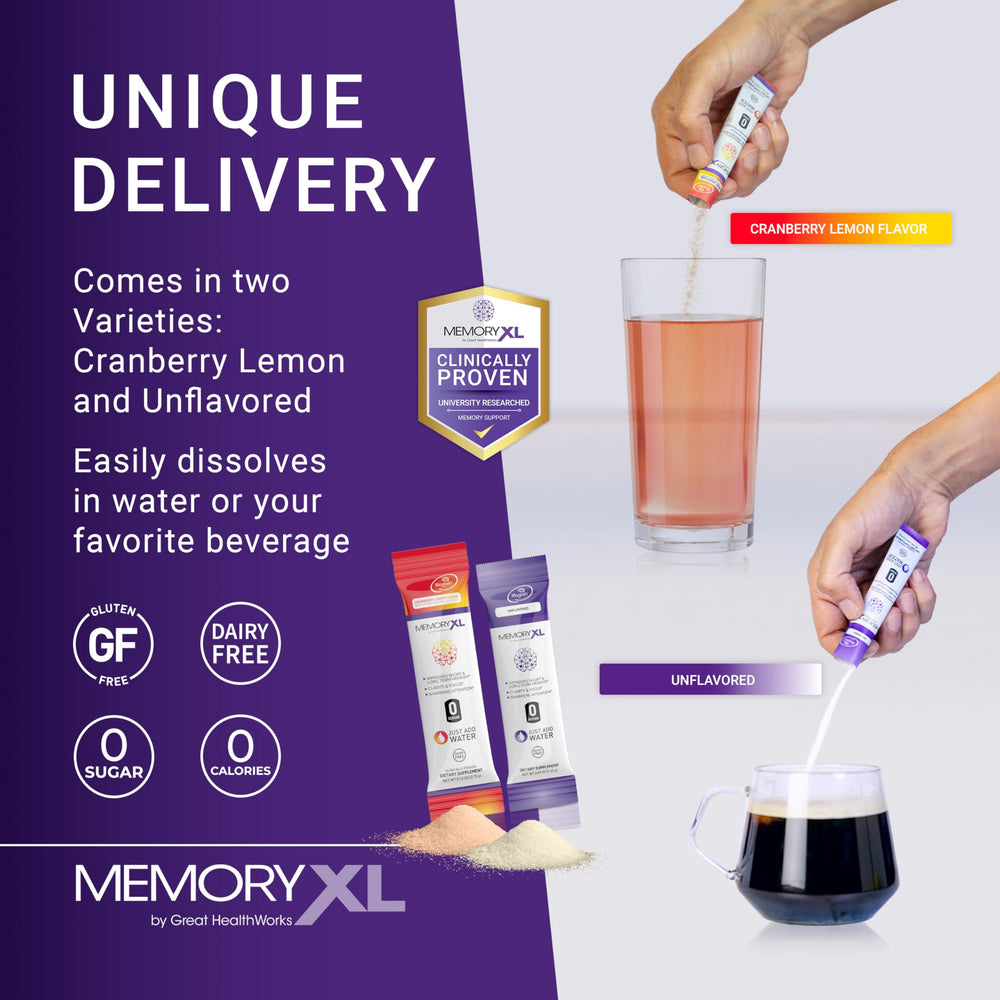 OmegaXL MemoryXL dissolving in water creates a sugar-free brain boost.