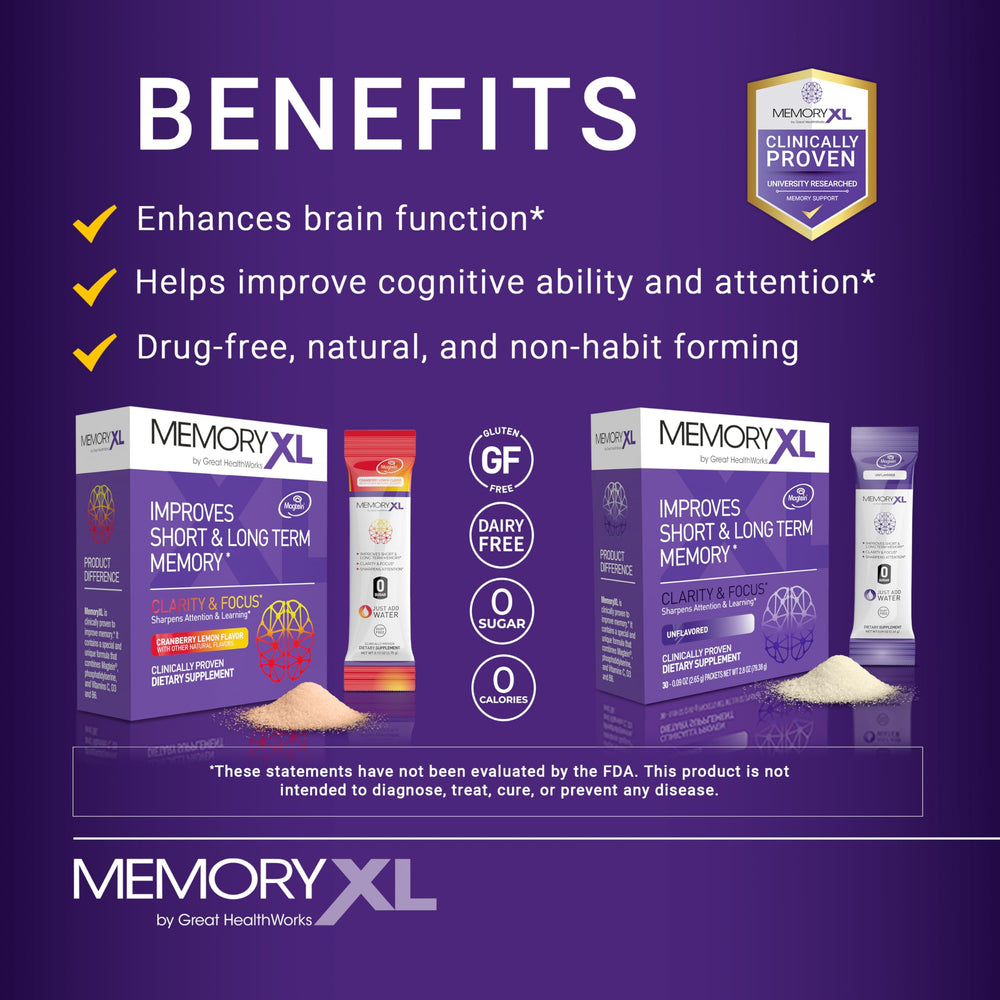OmegaXL MemoryXL unflavored stick packet for quick hydration and clarity.