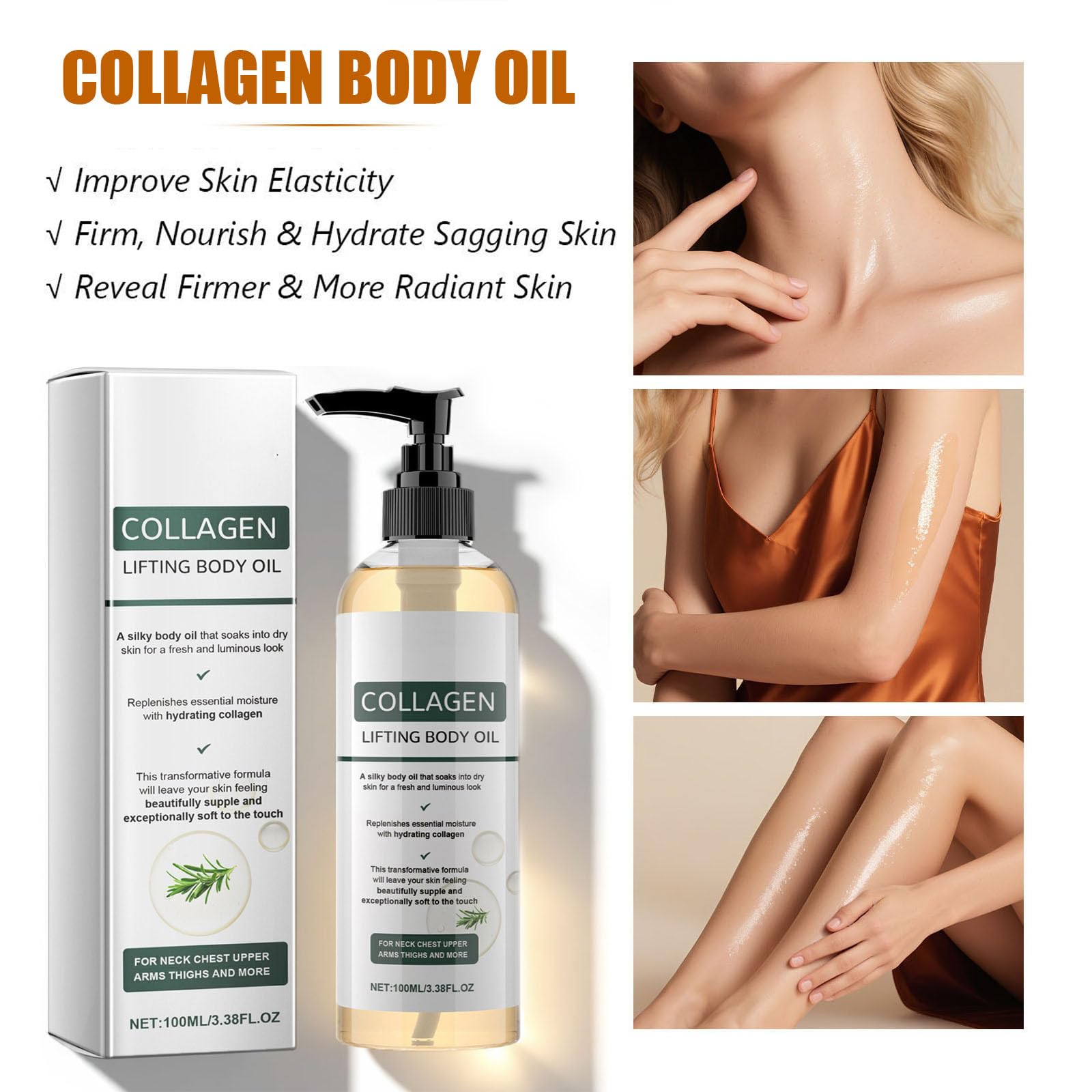 Omexry collagen lifting body oil apply-arm demonstrates targeted moisturization for dry areas